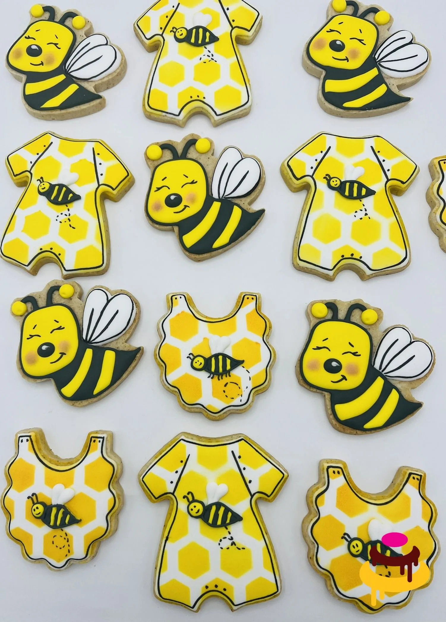 Custom hand-piped bee honeycomb baby shower cookies Bay Area bakery